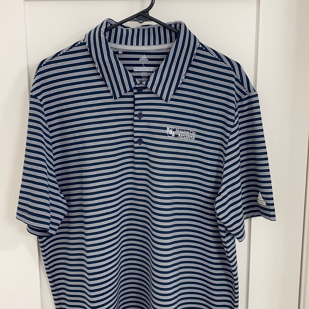 Blue and white striped golf shirt